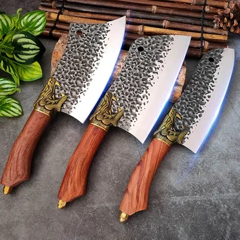 Ročno Kovani Kitajski Nož Zunanji Žar Kampiranje Survival Nož Cleaver Mesa Mesar Boning Nož Leseni Ročaj Kuhinjski Noži