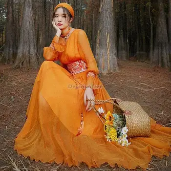 Pomlad Poletje kitajski etnični slog vezenega obleka ženske nacionalni elegantno obleko oranžna dolg rokav ohlapno obleko z turban