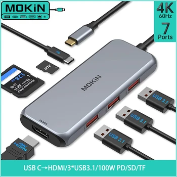 MOKiN 7-v-1 USB C Hub: Preoblikovanje Vašega USB-C Vrata v 4K 60Hz HDMI + 3 USB 3.1 + SD/TF + PD Elektrarna za Mac, iPad, Prenosni računalnik