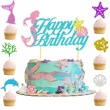 Sirena Party Bleščice morska deklica Rep happy birthday Cupcake Pokrivalo Torto Dekoracijo Za Otroke 1. morska deklica Temo Stranki Baby Tuš