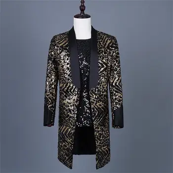 Moške leopard tiskanja sequins, osebno dolg suknjič, faza obleko, bar, moški gost rock and roll ovratnik plesno obleko, banq