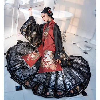 Original Obleke za Ženske Ming Dinastija Hanfu Haljo Cvet Konj Obraz Krilo Suknjič Tkane Zlato Obleko, Temno Vezavi Brocade Kostum Set