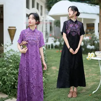 2023 tradicionalni kitajski izboljšano qipao obleko nacionalni cvet vezenje obleko retro saten jacquardske obleko orientalski folk obleko