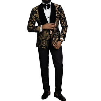 2 Kosa Črnega Cvetlični Jacquardske Maturantski Moške Obleke Slim Fit z Žametno Šal River Poroko Ženina Jopičem Moških Modnih Oblačil