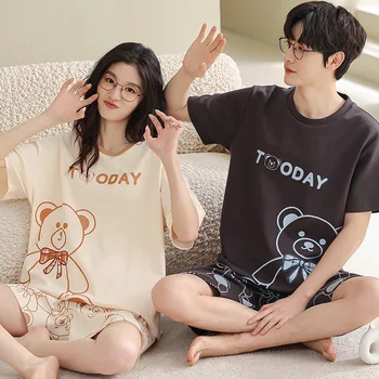 2023 Poletje korejskem Slogu Par Pižamo Medved Tiskanje Gospodinjski ženska Oblačila Pižamo Bombaž Materiala Loungewear Sleepwear Moški